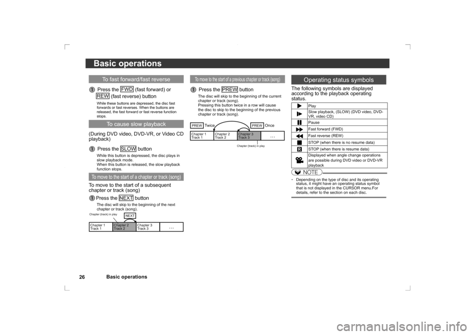 MITSUBISHI OUTLANDER 2014 3.G Rear Entertainment 26Basic operations
Basic operations
To move to the start of a previous chapter or track (song)    
 Press the  PREW
 button
The disc will skip to the beginning of the current 
chapter or track (song).