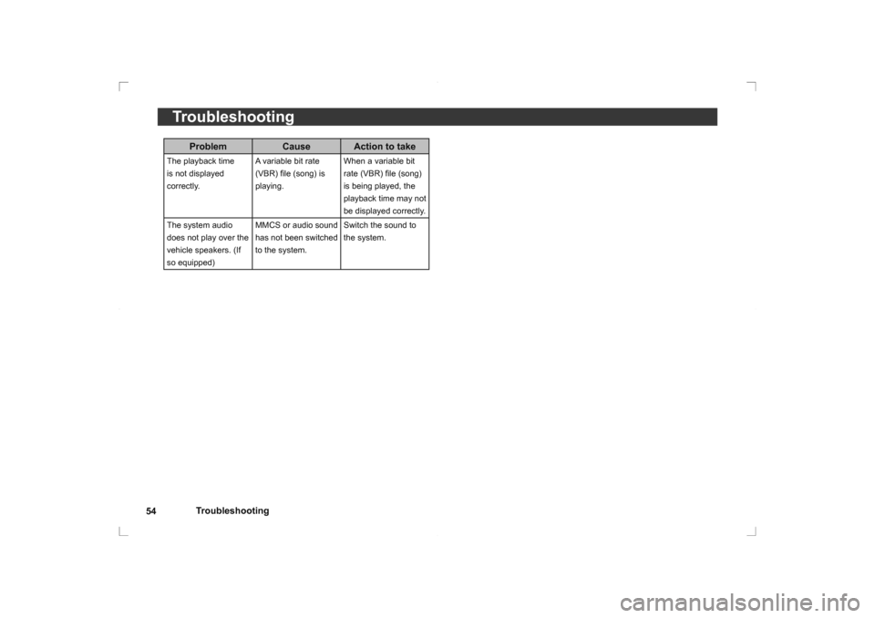 MITSUBISHI OUTLANDER 2014 3.G Rear Entertainment Troubleshooting
54
Troubleshooting
Problem Cause Action to take
The playback time 
is not displayed 
correctly. A variable bit rate 
(VBR) ﬁ
 le (song) is 
playing. When a variable bit 
rate (VBR) �