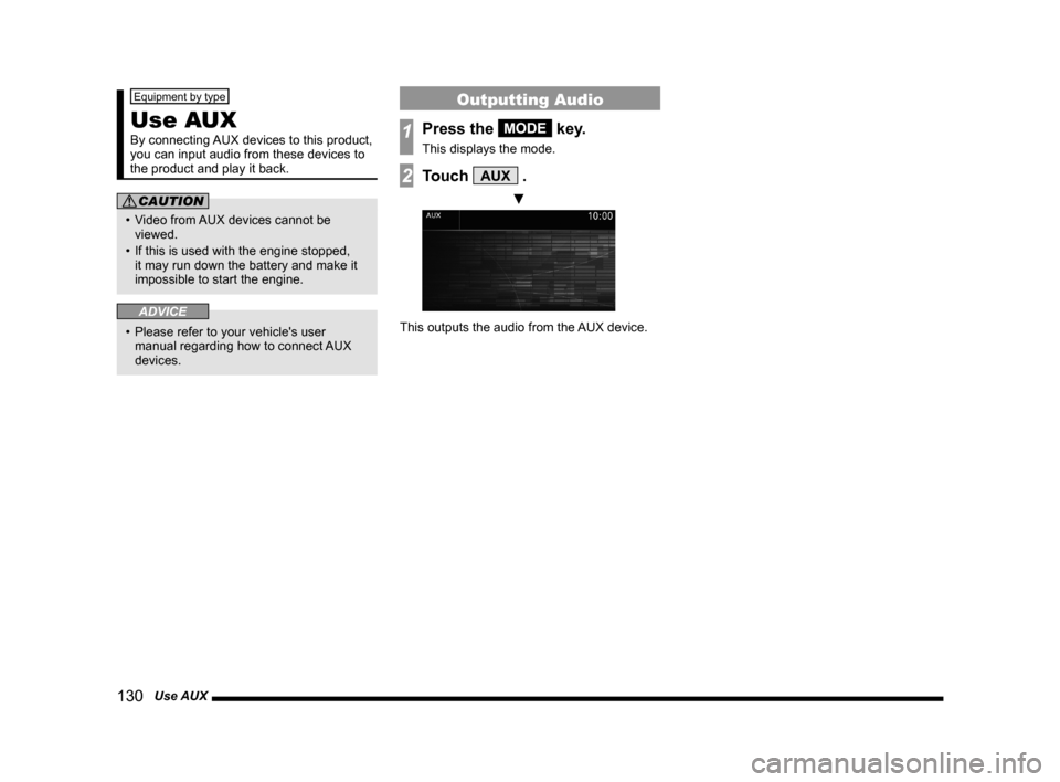 MITSUBISHI OUTLANDER 2015 3.G MMCS Manual 130   Use AUX
Equipment by type
Use AUX
By connecting AUX devices to this product, 
you can input audio from these devices to 
the product and play it back.
CAUTION
•  Video from AUX devices cannot 