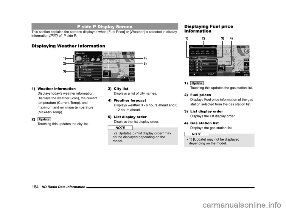 MITSUBISHI OUTLANDER 2015 3.G MMCS Manual 164   HD Radio Data Information
P side P Display Screen
This section explains the screens displayed when [Fuel Price] or [Weather] is selected in display 
information (P37) of  P side P.
Displaying We