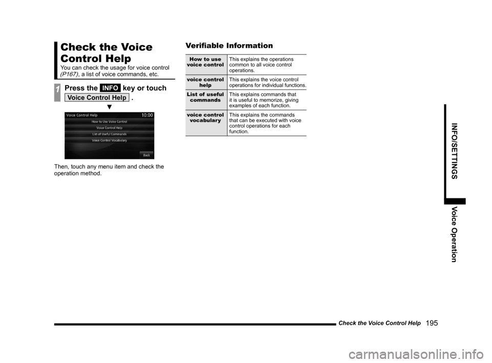MITSUBISHI OUTLANDER 2015 3.G MMCS Manual Check the Voice Control Help
   195
INFO/SETTINGS Voice Operation
Check the Voice 
Control Help
You can check the usage for voice control (P167), a list of voice commands, etc.
1Press the INFO key or 