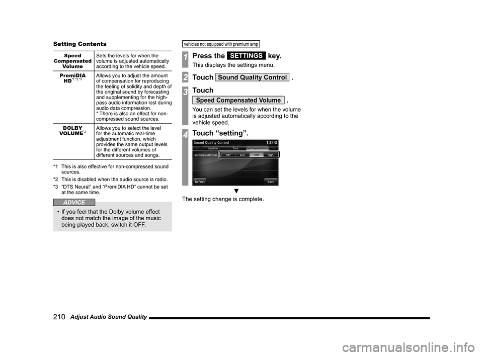 MITSUBISHI OUTLANDER 2015 3.G MMCS Manual 210   Adjust Audio Sound Quality Setting Contents
Speed 
Compensated 
VolumeSets the levels for when the 
volume is adjusted automatically 
according to the vehicle speed.
PremiDIA 
HD
*1,*2,*3Allows 