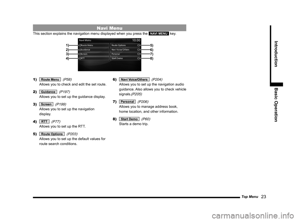 MITSUBISHI OUTLANDER 2015 3.G MMCS Manual Top Menu
   23
Introduction Basic Operation
Navi Menu
This section explains the navigation menu displayed when you press the NAVI MENU key.
2)3)
4) 1)
5)6)7)8)
1) Route Menu 
 (P58)
Allows you to chec