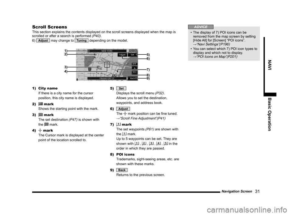 MITSUBISHI OUTLANDER 2015 3.G MMCS Manual Navigation Screen
   31
NAVI Basic Operation
Scroll Screens
This section explains the contents displayed on the scroll screens displayed when the map is 
scrolled or after a search is performed (P40).