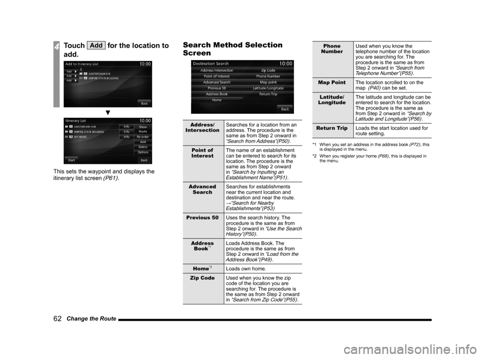 MITSUBISHI OUTLANDER 2015 3.G MMCS Manual 62 Change the Route
4Touch Add for the location to
add.
▼
This sets the waypoint and displays the
itinerary list screen (P61).
Search Method Selection
Screen
Address/
IntersectionSearches for MITSUBISHI OUTLANDER 2015 3.G MMCS Manual 62 Change the Route
4Touch Add for the location to
add.
▼
This sets the waypoint and displays the
itinerary list screen (P61).
Search Method Selection
Screen
Address/
IntersectionSearches for