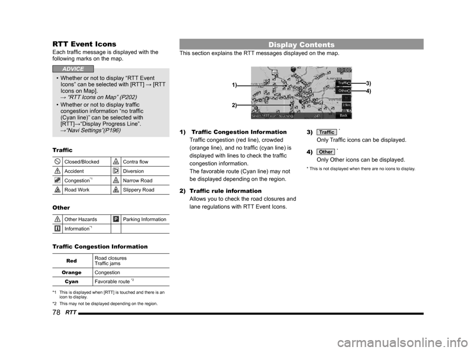 MITSUBISHI OUTLANDER 2015 3.G MMCS Manual 78   RTT
RTT Event Icons
Each trafﬁ c message is displayed with the 
following marks on the map.
ADVICE
•  Whether or not to display “RTT Event 
Icons” can be selected with [RTT] → [RTT 
Ico