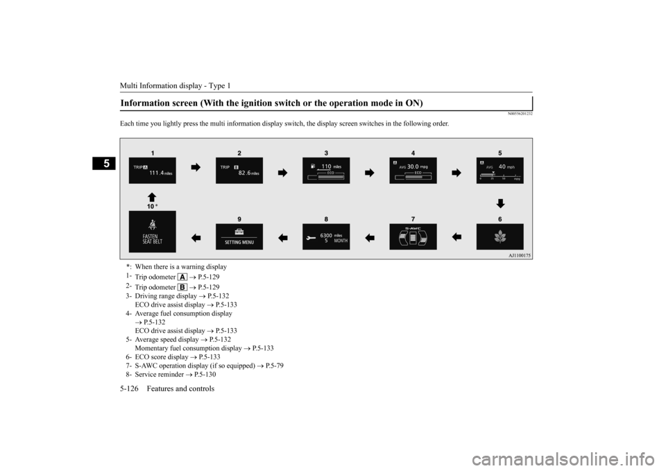 MITSUBISHI OUTLANDER 2015 3.G Owners Manual Multi Information display - Type 1 5-126 Features and controls
5
N00556201232
Each time you lightly press th 
e multi information display switch, the displa
y screen switches in the following order.
I