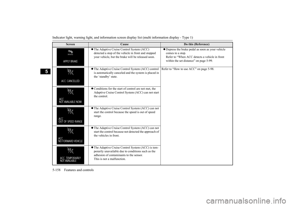 MITSUBISHI OUTLANDER 2015 3.G Owners Manual Indicator light, warning light, and information screen display list (multi information display - Type 1) 5-158 Features and controls
5
 The Adaptive Cruise Control System (ACC)  detected a stop of 