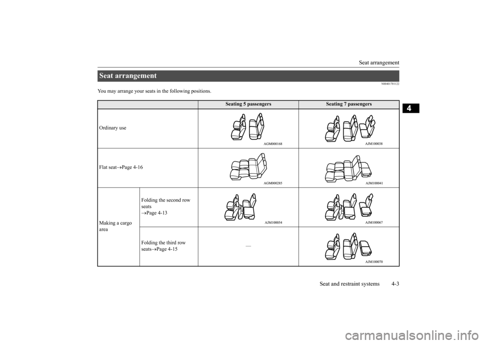 MITSUBISHI OUTLANDER 2015 3.G Owners Manual Seat arrangement 
Seat and restraint systems 4-3
4
N00401701122
You may arrange your seats  
in the following positions.
Seat arrangement 
Seating 5 passengers
Seating 7 passengers 
Ordinary use Flat 