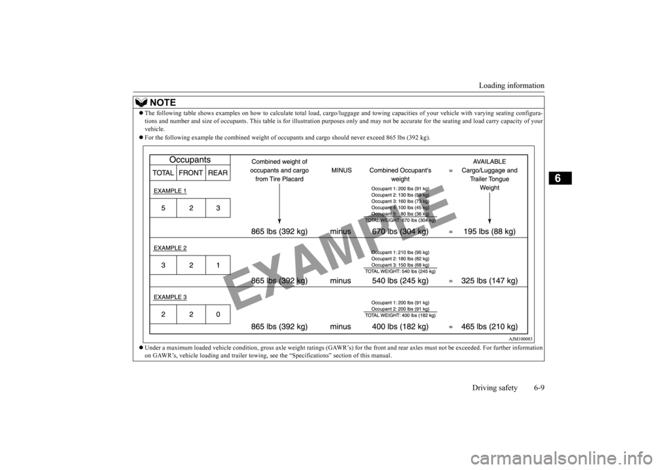 MITSUBISHI OUTLANDER 2015 3.G Owners Manual Loading information Driving safety 6-9
6
NOTE
 The following table shows examples on how to
 calculate tota
l load, cargo/luggage and towing capa
cities of your vehicle with var
ying seating config