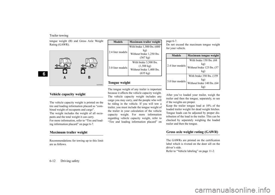 MITSUBISHI OUTLANDER 2015 3.G Owners Manual Trailer towing 6-12 Driving safety
6
tongue weight (B) and Gross Axle Weight Rating (GAWR). The vehicle capacity weight is printed on the tire and loading inform 
ation placard as “com- 
bined weigh