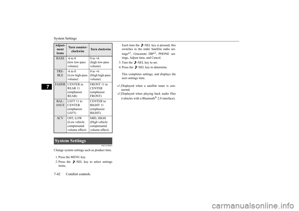 MITSUBISHI OUTLANDER 2015 3.G Owners Manual System Settings 7-42 Comfort controls
7
N00718500043
Change system settings
such as product time.
1. Press the MENU key. 2. Press the /SEL key to select settings items.
Each time the /SEL key is MITSUBISHI OUTLANDER 2015 3.G Owners Manual System Settings 7-42 Comfort controls
7
N00718500043
Change system settings
such as product time.
1. Press the MENU key. 2. Press the /SEL key to select settings items.
Each time the /SEL key is