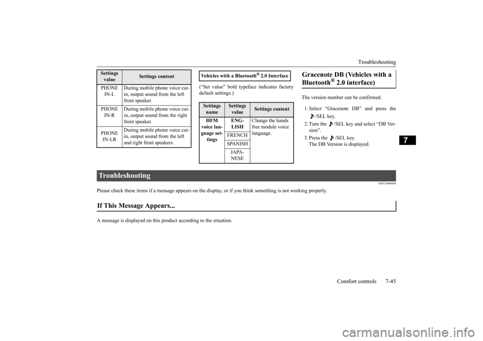 MITSUBISHI OUTLANDER 2015 3.G Owners Manual Troubleshooting
Comfort controls 7-45
7
(“Set value” bold typefa
ce indicates factory
default settings.)
The version number can be confirmed. 1. Select “Gracenote DB” and press the
/SEL k MITSUBISHI OUTLANDER 2015 3.G Owners Manual Troubleshooting
Comfort controls 7-45
7
(“Set value” bold typefa
ce indicates factory
default settings.)
The version number can be confirmed. 1. Select “Gracenote DB” and press the
/SEL k