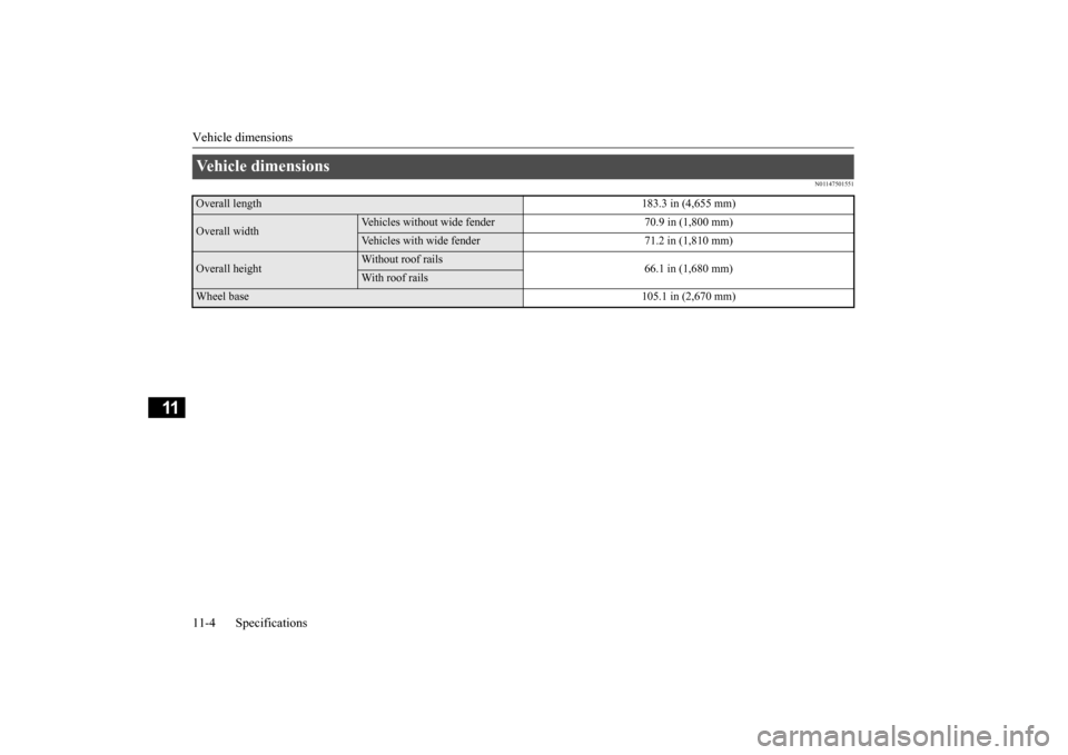 MITSUBISHI OUTLANDER 2015 3.G Owners Manual Vehicle dimensions 11-4 Specifications
11
N01147501551
Vehicle dimensions Overall length 
183.3 in (4,655 mm)
Overall width
Vehicles without
 wide fender 70.9 in (1,800 mm)
Vehicles with wide fe
nder 