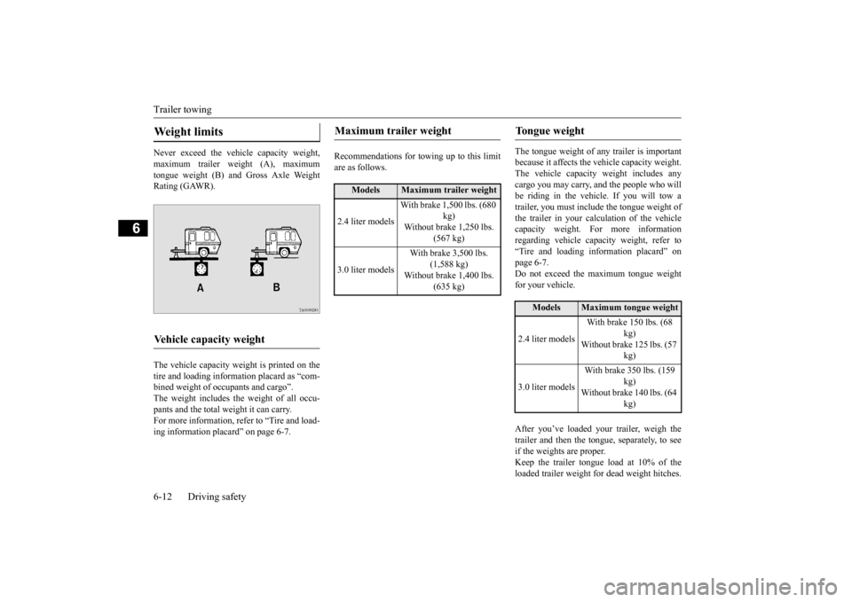 MITSUBISHI OUTLANDER 2016 3.G Owners Manual Trailer towing 6-12 Driving safety
6
Never exceed the vehicle capacity weight, maximum trailer weight (A), maximum tongue weight (B) and Gross Axle Weight Rating (GAWR). The vehicle capacity weight is
