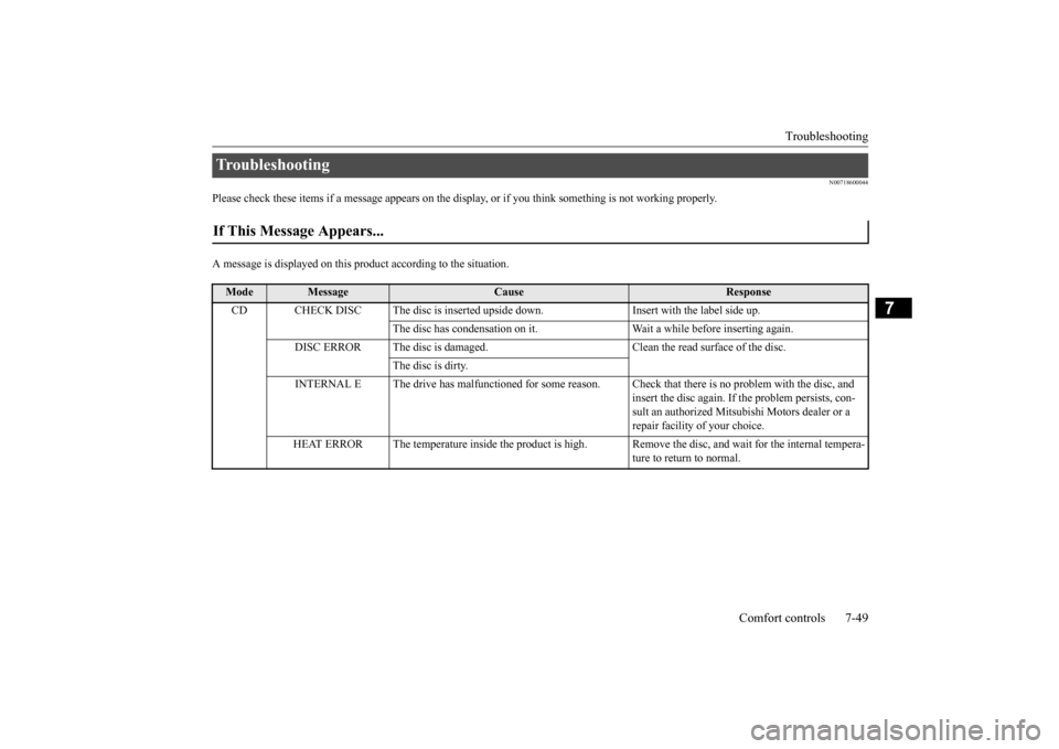MITSUBISHI OUTLANDER 2016 3.G Owners Manual Troubleshooting 
Comfort controls 7-49
7
N00718600044
Please check these items if a message appears on the displa 
y, or if you think something is not working properly. 
A message is displayed on this