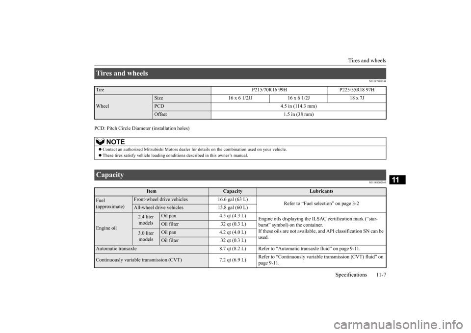 MITSUBISHI OUTLANDER 2016 3.G Owners Manual Tires and wheels 
Specifications 11-7
11
N01147901744
PCD: Pitch Circle 
 Diameter (ins
tallation holes)
N01148002169
Tires and wheels Tire P215/70R16 99H P225/55R18 97HWheel
Size 16 x 6 1/2JJ 16 x 6 