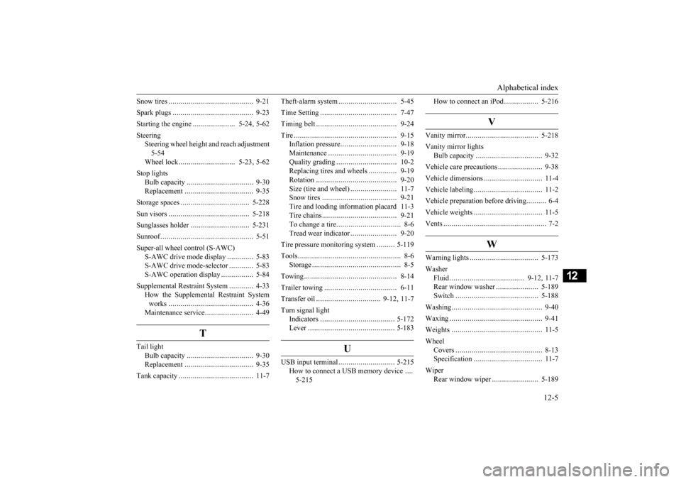 MITSUBISHI OUTLANDER 2016 3.G Owners Manual Alphabetical index 
12-5
12
Snow tires 
..........................................
9-21 
Spark plugs 
........................................
9-23 
Starting the engine 
.....................
5-24
, 5