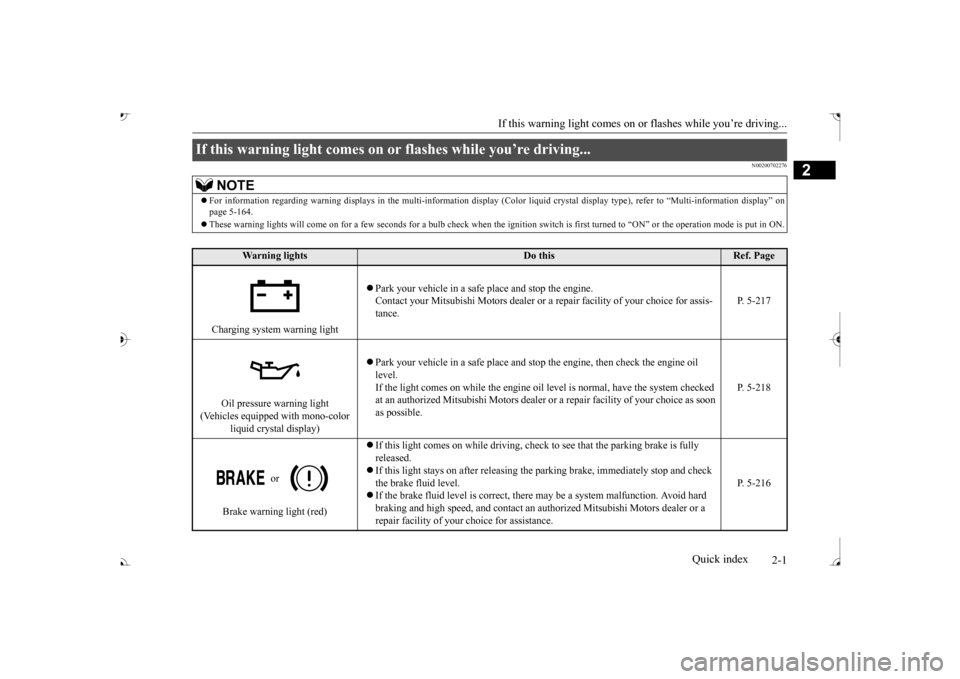 MITSUBISHI OUTLANDER 2017 3.G Owners Manual 2-1
2
If this warning light comes on or
 flashes while you’re driving...
Quick index
N00200702276
If this warning light comes on 
or flashes while you’re driving... 
NOTE
For information regard