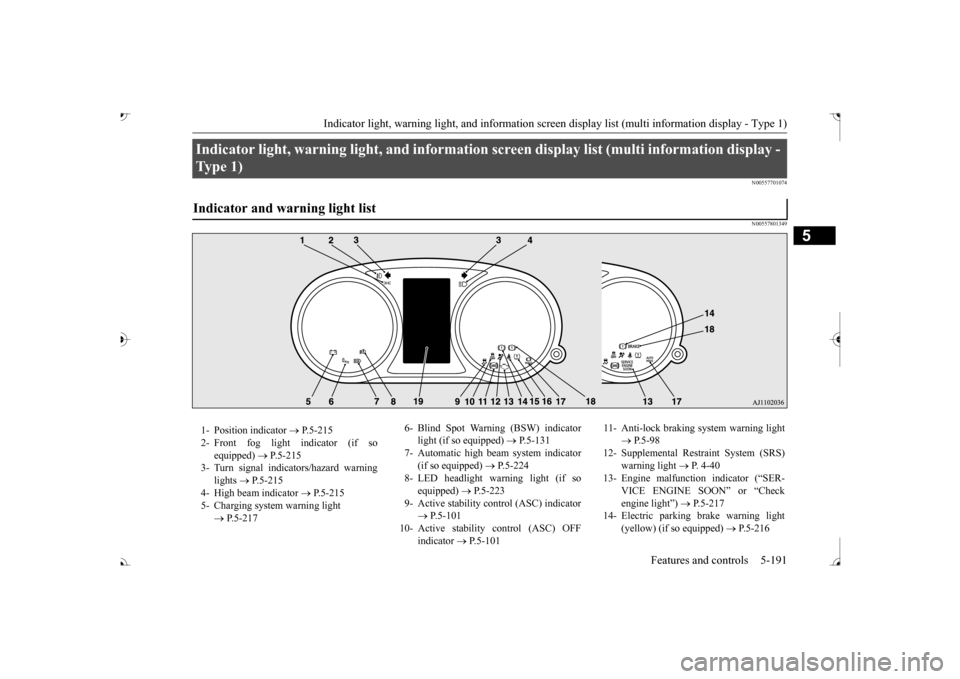 MITSUBISHI OUTLANDER 2017 3.G Owners Manual Indicator light, warning light, and information screen display list (multi information display - Type 1)
Features and controls 5-191
5
N00557701074 N00557801349
Indicator light, warning light, and in MITSUBISHI OUTLANDER 2017 3.G Owners Manual Indicator light, warning light, and information screen display list (multi information display - Type 1)
Features and controls 5-191
5
N00557701074 N00557801349
Indicator light, warning light, and in