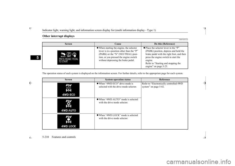 MITSUBISHI OUTLANDER 2017 3.G Owners Manual Indicator light, warning light, and information screen display list (multi information display - Type 1)
5
N00558201324
The operation status of each system is displayed on the inform 
ation screen. Fo