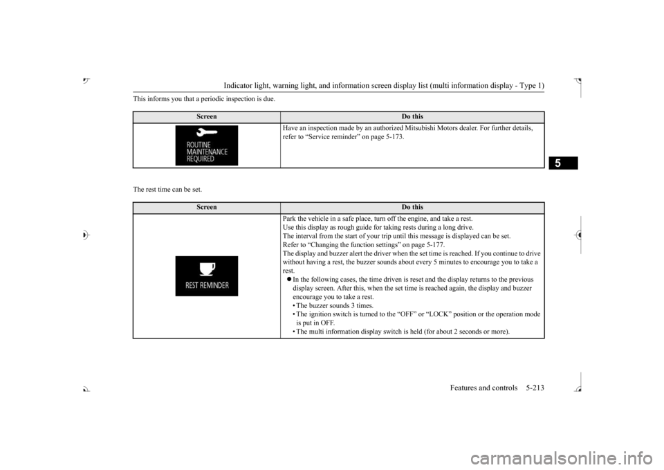 MITSUBISHI OUTLANDER 2017 3.G Owners Guide Indicator light, warning light, and information screen display list (multi information display - Type 1) 
Features and controls 5-213
5
This informs you that a periodic inspection is due. The rest tim