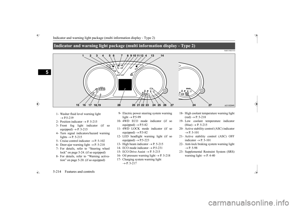 MITSUBISHI OUTLANDER 2017 3.G Owners Manual Indicator and warning light package (multi information display - Type 2) 5-214 Features and controls
5
N00519801918
Indicator and warning light package (multi information display - Type 2) 1- Washer f