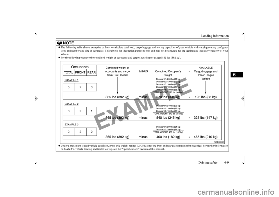 MITSUBISHI OUTLANDER 2017 3.G User Guide Loading information Driving safety 6-9
6
NOTE
 The following table shows examples on how to
 calculate tota
l load, cargo/luggage and towing capa
cities of your vehicle with var
ying seating config