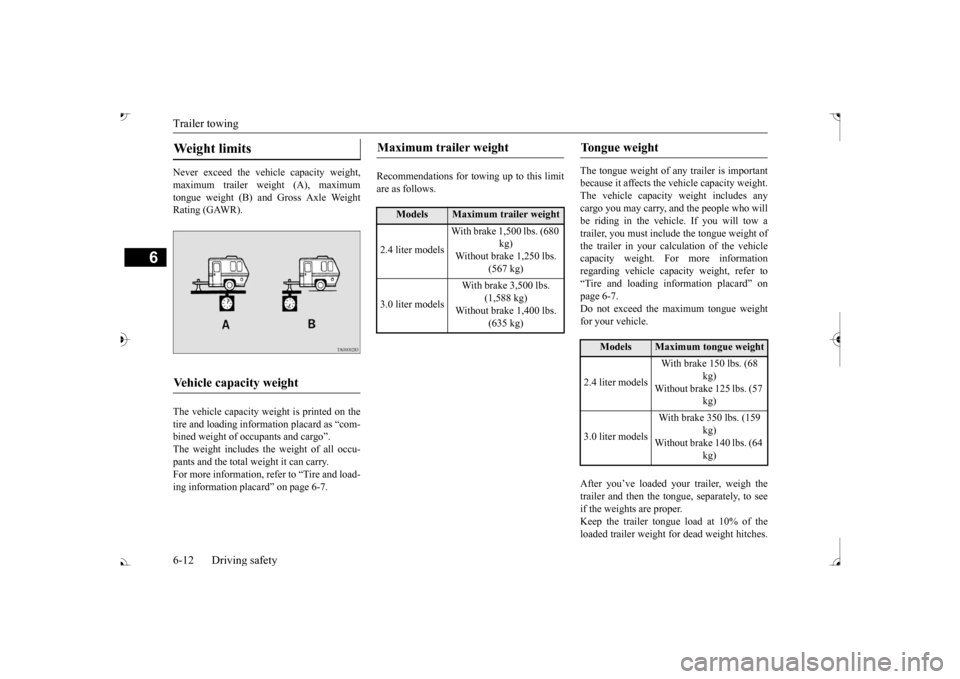 MITSUBISHI OUTLANDER 2017 3.G Owners Manual Trailer towing 6-12 Driving safety
6
Never exceed the vehicle capacity weight, maximum trailer weight (A), maximum tongue weight (B) and Gross Axle Weight Rating (GAWR). The vehicle capacity weight is