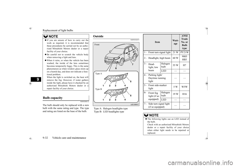 MITSUBISHI OUTLANDER 2017 3.G Owners Manual Replacement of light bulbs 9-32 Vehicle care and maintenance
9
N00943000132
The bulb should only be replaced with a new bulb with the same rating and type. The typeand rating are listed on the base of MITSUBISHI OUTLANDER 2017 3.G Owners Manual Replacement of light bulbs 9-32 Vehicle care and maintenance
9
N00943000132
The bulb should only be replaced with a new bulb with the same rating and type. The typeand rating are listed on the base of