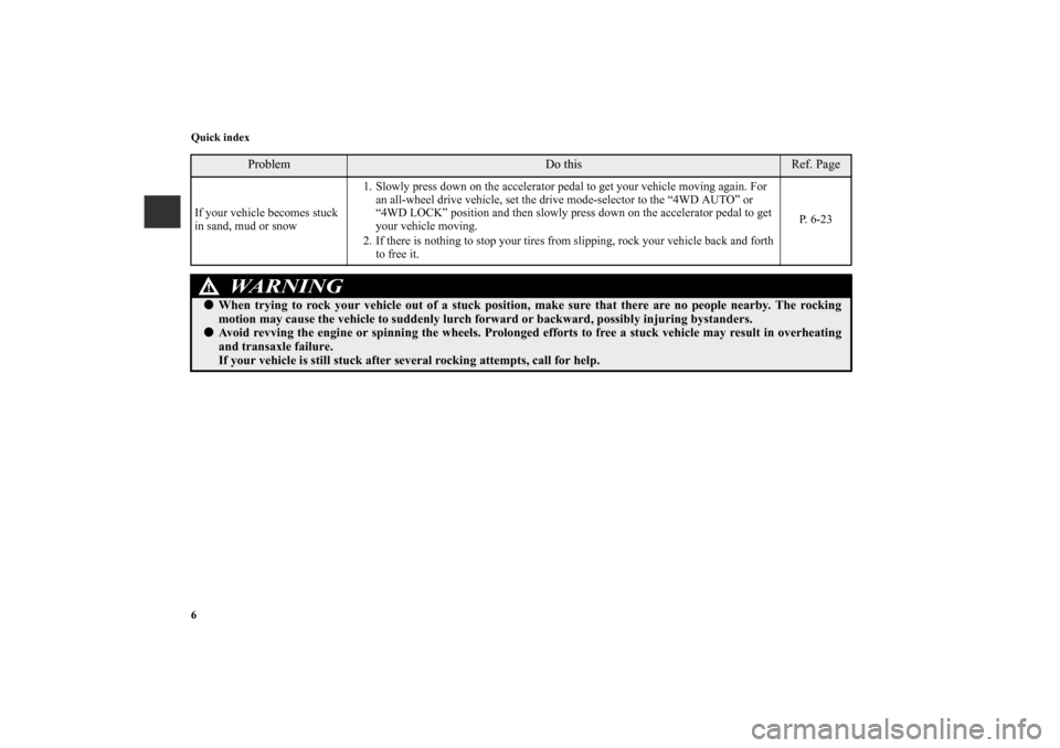 MITSUBISHI OUTLANDER SPORT 2011 3.G User Guide 6 Quick indexIf your vehicle becomes stuck 
in sand, mud or snow1. Slowly press down on the accelerator pedal to get your vehicle moving again. For 
an all-wheel drive vehicle, set the drive mode-sele