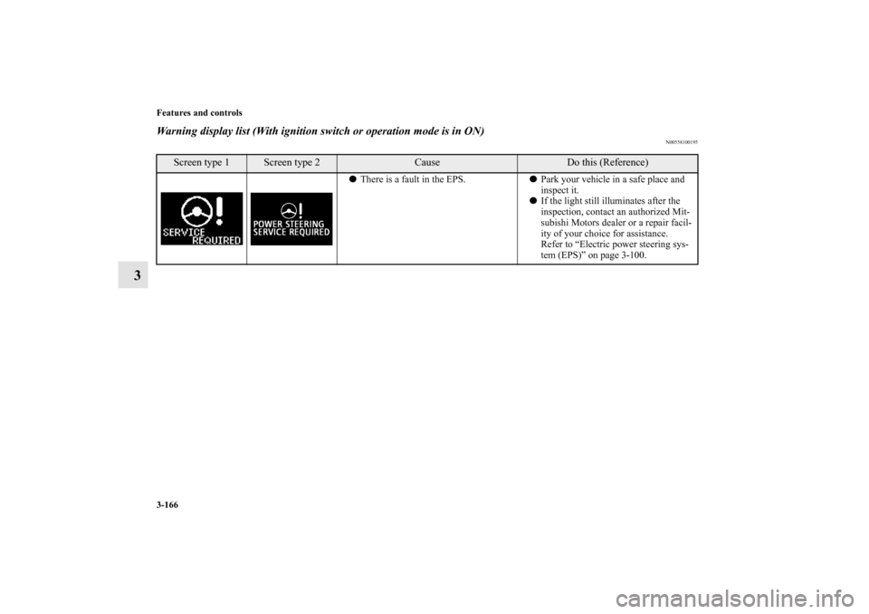 MITSUBISHI OUTLANDER SPORT 2011 3.G Owners Manual 3-166 Features and controls
3
Warning display list (With ignition switch or operation mode is in ON)
N00558100195
Screen type 1
Screen type 2
Cause
Do this (Reference)
There is a fault in the EPS.Pa