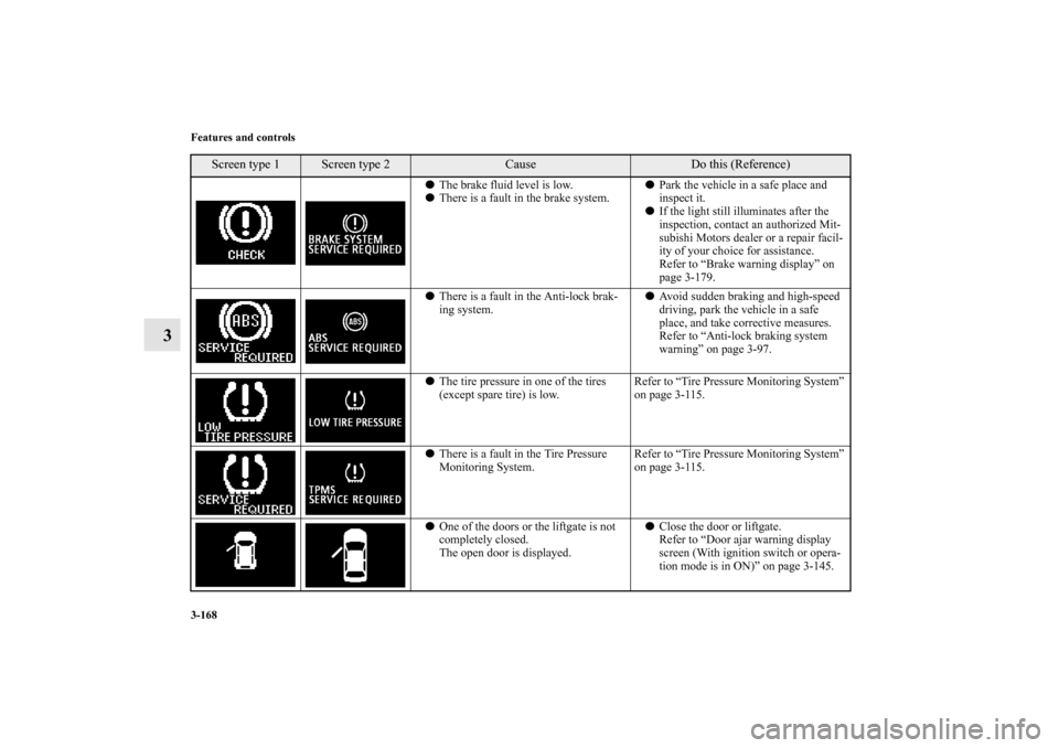 MITSUBISHI OUTLANDER SPORT 2011 3.G Owners Manual 3-168 Features and controls
3
The brake fluid level is low.
There is a fault in the brake system.Park the vehicle in a safe place and 
inspect it.
If the light still illuminates after the 
inspect