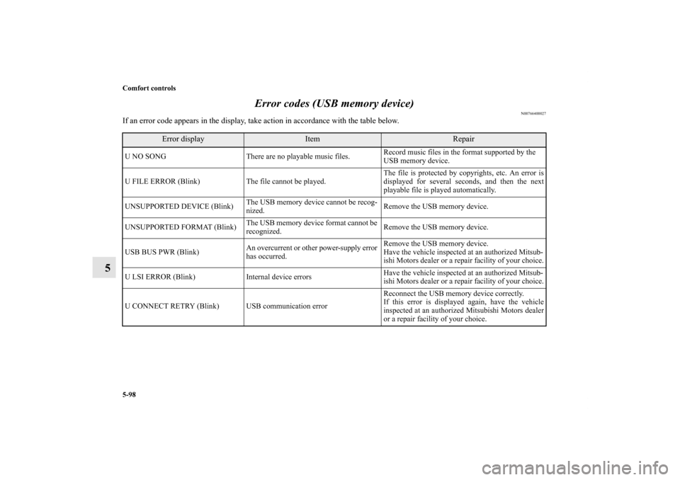 MITSUBISHI OUTLANDER SPORT 2011 3.G Owners Manual 5-98 Comfort controls
5Error codes (USB memory device)
N00766400027
If an error code appears in the display, take action in accordance with the table below.
Error display
Item
Repair
U NO SONG There a