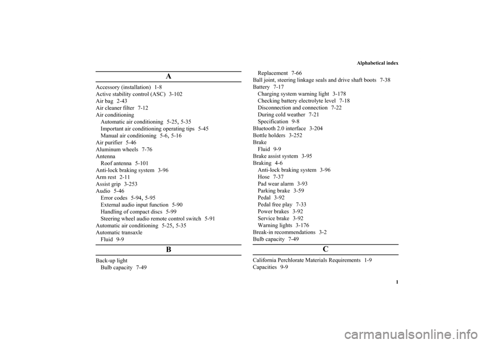 MITSUBISHI OUTLANDER SPORT 2011 3.G Owners Manual Alphabetical index
1
A
Accessory (installation) 1-8
Active stability control (ASC) 3-102
Air bag 2-43
Air cleaner filter 7-12
Air conditioning
Automatic air conditioning 5-25
,5-35
Important air condi