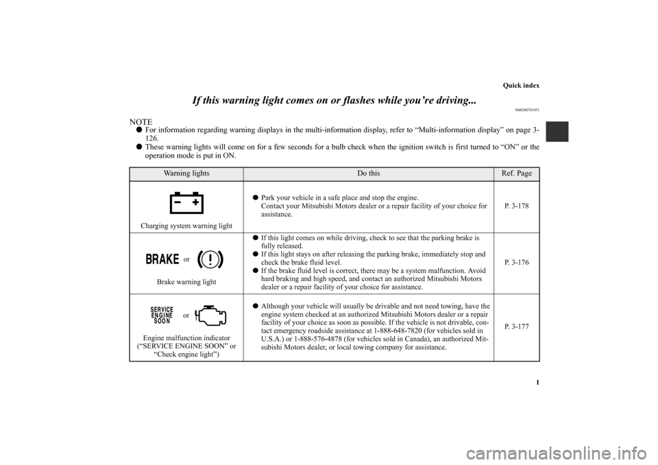 MITSUBISHI OUTLANDER SPORT 2011 3.G Owners Manual Quick index
1
If this warning light comes on or flashes while you’re driving...
N00200701051
NOTEFor information regarding warning displays in the multi-information display, refer to “Multi-infor