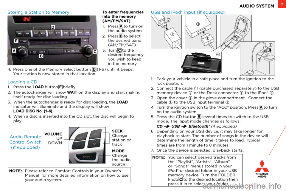 MITSUBISHI OUTLANDER SPORT 2012 3.G Owners Handbook 7AUDIO SYSTEM
1. Press the LOAD button E briefly.
2. The autochanger will show WAIT on the display and start making
itself ready for disc loading.
3. When the autochanger is ready for disc loading, MITSUBISHI OUTLANDER SPORT 2012 3.G Owners Handbook 7AUDIO SYSTEM
1. Press the LOAD button E briefly.
2. The autochanger will show WAIT on the display and start making
itself ready for disc loading.
3. When the autochanger is ready for disc loading,