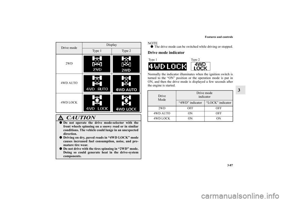 MITSUBISHI OUTLANDER SPORT 2012 3.G Owners Manual Features and controls
3-87
3
NOTEThe drive mode can be switched while driving or stopped.Drive mode indicatorNormally the indicator illuminates when the ignition switch is
turned to the “ON” posi