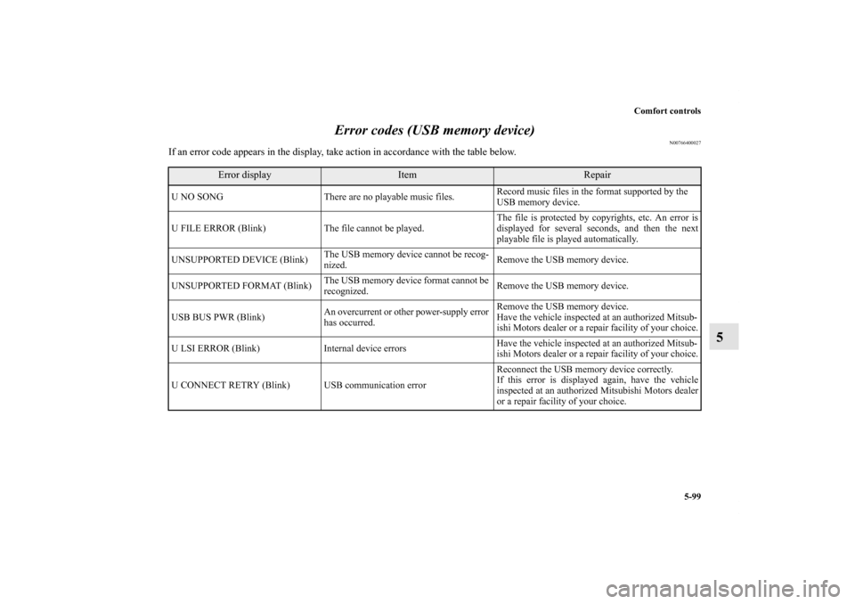 MITSUBISHI OUTLANDER SPORT 2012 3.G Owners Manual Comfort controls
5-99
5 Error codes (USB memory device)
N00766400027
If an error code appears in the display, take action in accordance with the table below.
Error display
Item
Repair
U NO SONG There 