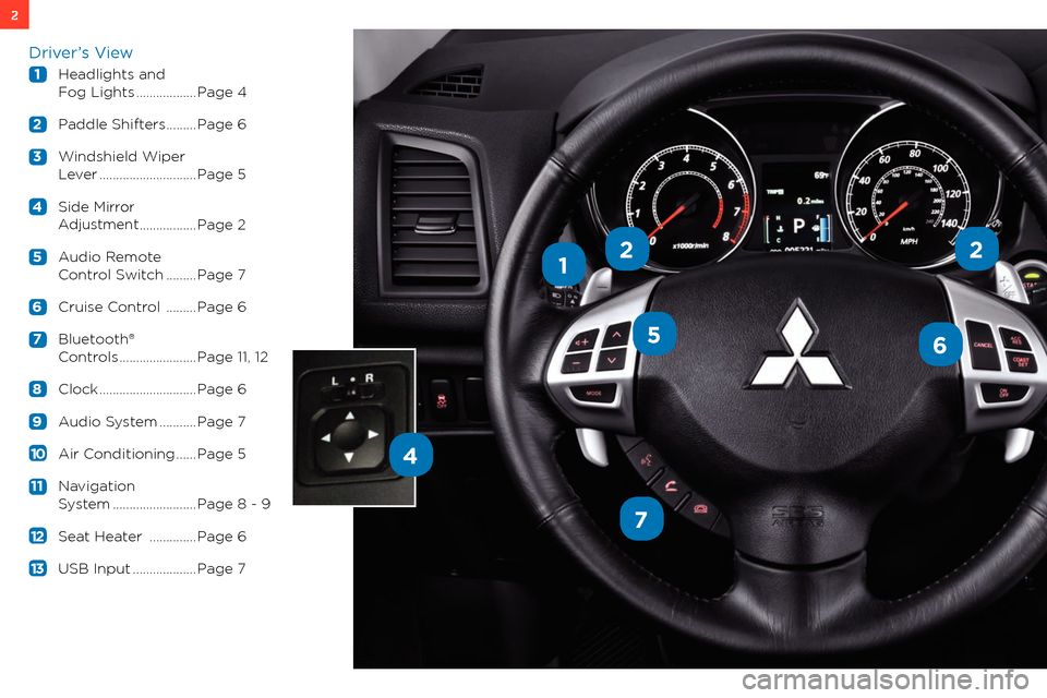 MITSUBISHI OUTLANDER SPORT 2013 3.G Owners Handbook 2
1
56
7
4
22
Driver’s View
 1  h eadlights and 
 

  f
og 
 l ights   ..................Page 4
 

2  
P
 addle  s hifters   .........Page 6
 3

  w
indshield 
 w
iper
  

l
e
 ver
 
 ..............