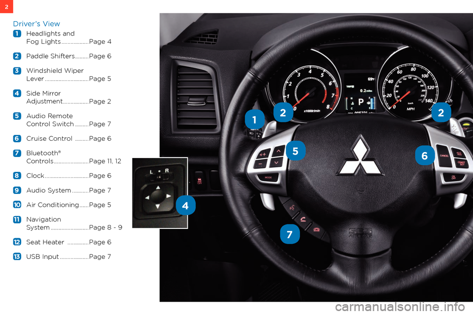 MITSUBISHI OUTLANDER SPORT 2013 3.G Owners Handbook 2
1
56
7
4
22
Driver’s View
1 h eadlights and
f
og
l ights ..................Page 4
2
P
addle s hifters .........Page 6
3
w
indshield
w
iper
l
e
ver
.............. MITSUBISHI OUTLANDER SPORT 2013 3.G Owners Handbook 2
1
56
7
4
22
Driver’s View
1 h eadlights and
f
og
l ights ..................Page 4
2
P
addle s hifters .........Page 6
3
w
indshield
w
iper
l
e
ver
..............