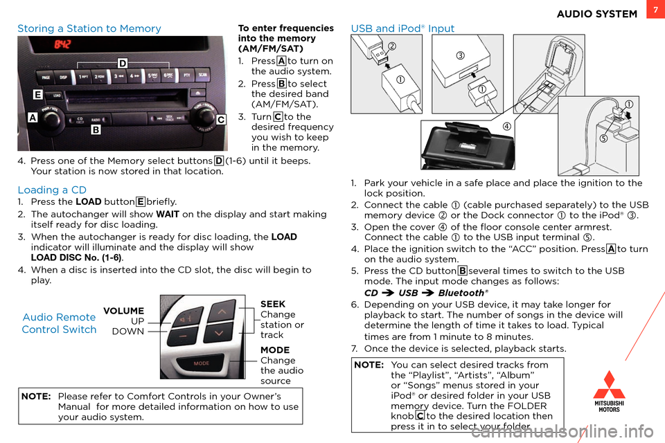 MITSUBISHI OUTLANDER SPORT 2013 3.G Owners Handbook 7AUDIO SYSTEM
1. Press the LOAD button E	 briefly.
2.  
T
 he autochanger will show WAIT on the display and start making 
itself ready for disc loading.
3.
 
W
 hen the autochanger is ready for disc l