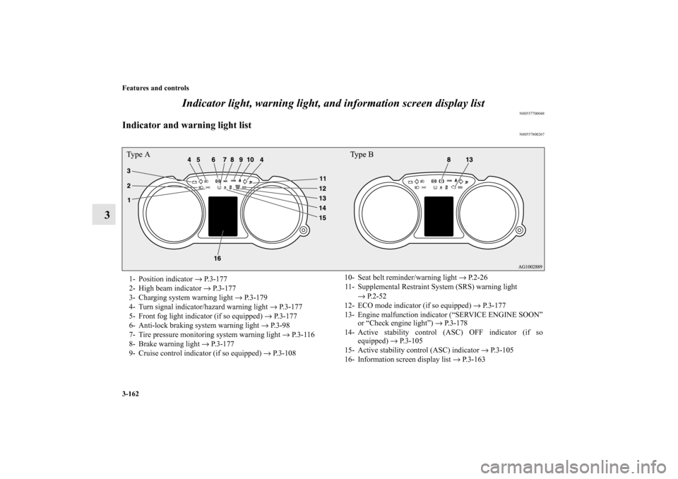 MITSUBISHI OUTLANDER SPORT 2013 3.G Owners Manual 3-162 Features and controls
3Indicator light, warning light, and information screen display list
N00557700048
Indicator and warning light list
N00557800267
Type A
Type B
Type B1- Position indicator  �