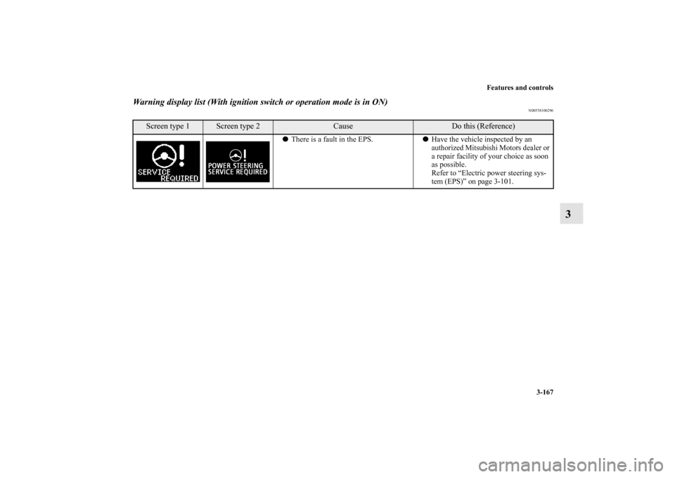 MITSUBISHI OUTLANDER SPORT 2013 3.G Owners Manual Features and controls3-167
3
Warning display list (With ignition switch or operation mode is in ON)
N00558100296
Screen type 1
Screen type 2
Cause
Do this (Reference)
There is a fault in the EPS. Ha