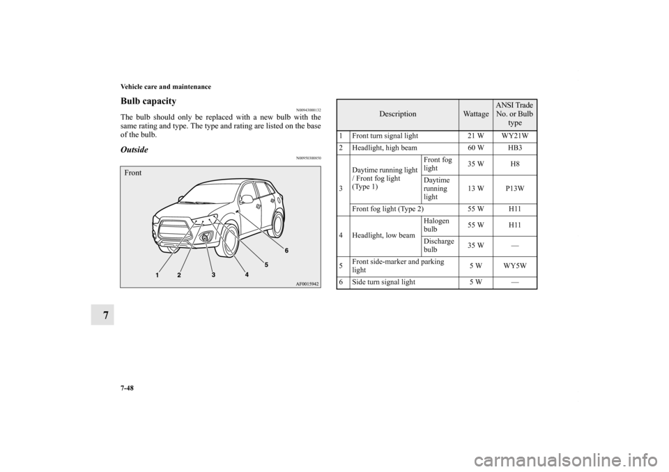 MITSUBISHI OUTLANDER SPORT 2013 3.G Owners Manual 7-48 Vehicle care and maintenance
7
Bulb capacity
N00943000132
The bulb should only be replaced with a new bulb with the
same rating and type. The type and rating are listed on the base
of the bulb.Ou