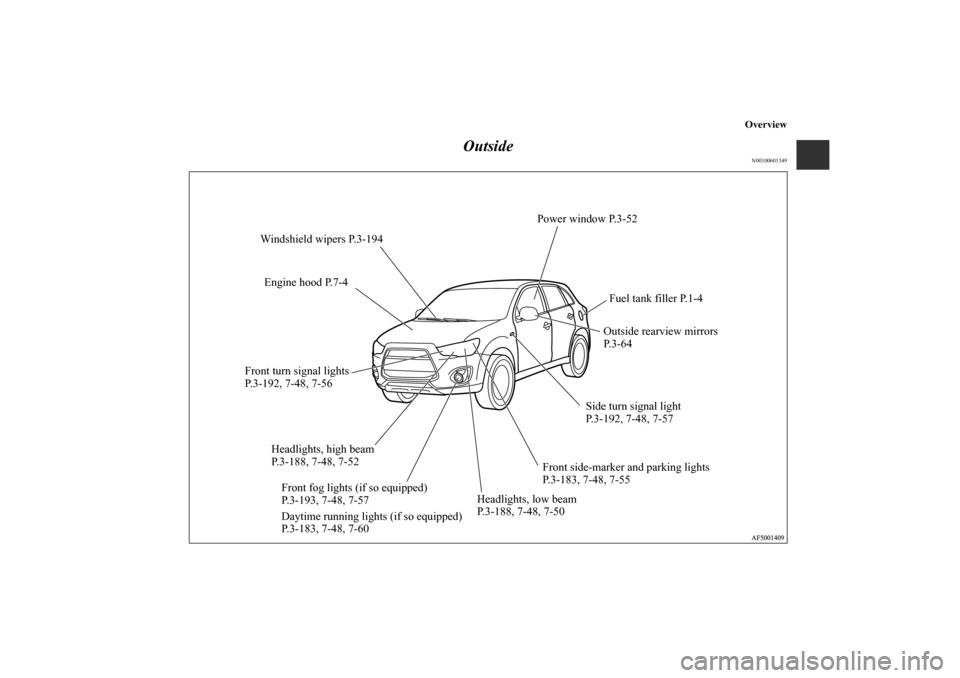 MITSUBISHI OUTLANDER SPORT 2013 3.G Owners Manual Overview
Outside
N00100601349
Power window P.3-52
Front turn signal lights 
P.3-192, 7-48, 7-56 Engine hood P.7-4
Fuel tank filler P.1-4
Outside rearview mirrors 
P. 3 - 6 4
Windshield wipers P.3-194
