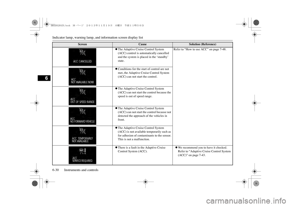 MITSUBISHI OUTLANDER SPORT 2014 3.G Owners Manual Indicator lamp, warning lamp, and information screen display list6-30 Instruments and controls
6
�zThe Adaptive Cruise Control System (ACC) control is automatically cancelled and the system is placed 