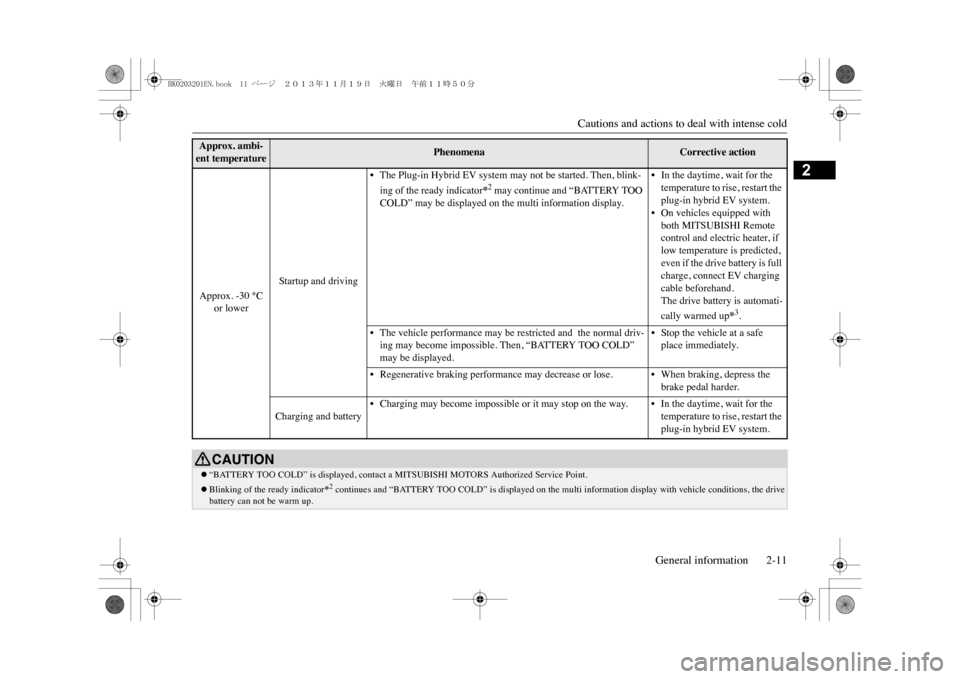 MITSUBISHI OUTLANDER SPORT 2014 3.G User Guide Cautions and actions to deal with intense cold
General information 2-11
2
Approx. -30 °C 
or lower
Startup and driving
•The Plug-in Hybrid EV system may not be started. Then, blink-ing of the ready