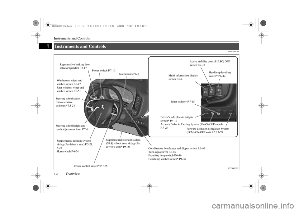 MITSUBISHI OUTLANDER SPORT 2014 3.G Owners Manual Instruments and Controls1-1
1
Overview
E00100108168
Instruments and Controls Windscreen wiper and washer switch P.6-47 Rear window wiper and washer switch P.6-51Steering wheel audio remote control swi