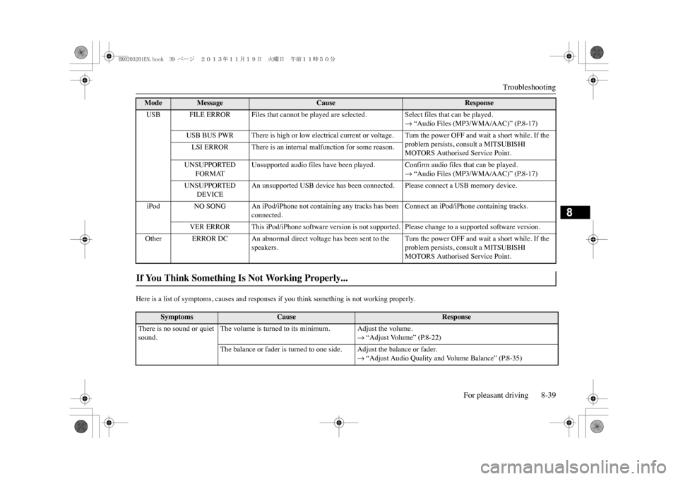 MITSUBISHI OUTLANDER SPORT 2014 3.G Owners Manual Troubleshooting
For pleasant driving 8-39
8
Here is a list of symptoms, causes and responses
if you think something is not working properly.
USB FILE ERROR Files that cannot be played are selected.
S MITSUBISHI OUTLANDER SPORT 2014 3.G Owners Manual Troubleshooting
For pleasant driving 8-39
8
Here is a list of symptoms, causes and responses
if you think something is not working properly.
USB FILE ERROR Files that cannot be played are selected.
S